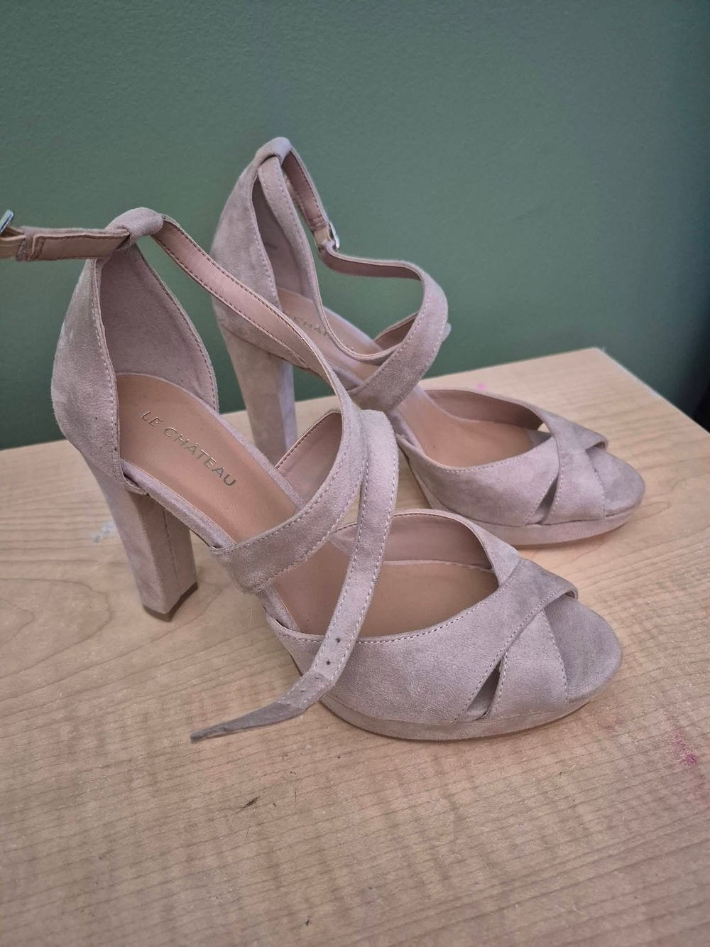 le chateau Taupe Suede Crisscross Ankle Strap High Heels